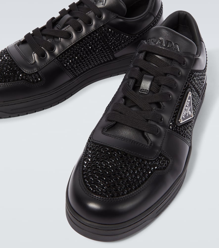 Prada Leather Sneakers With Embellished Inserts And Padded Ankle In Black