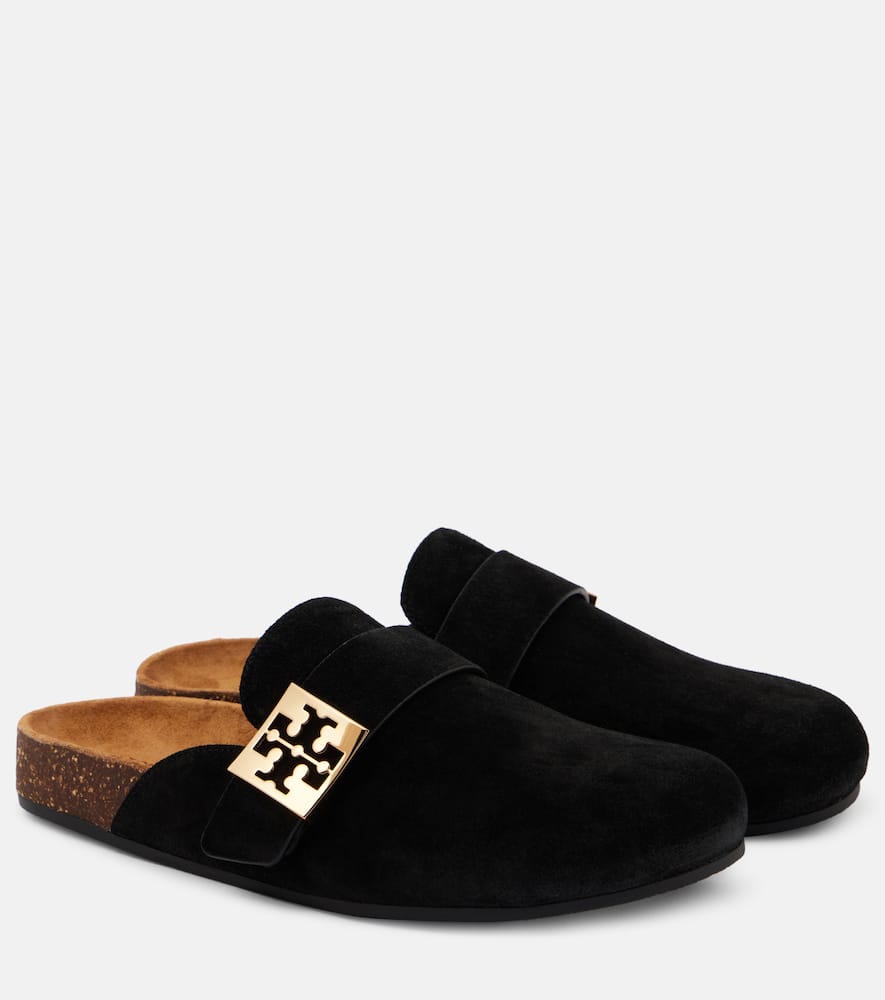 Tory Burch Mellow Suede Buckle Slide Mules In Black