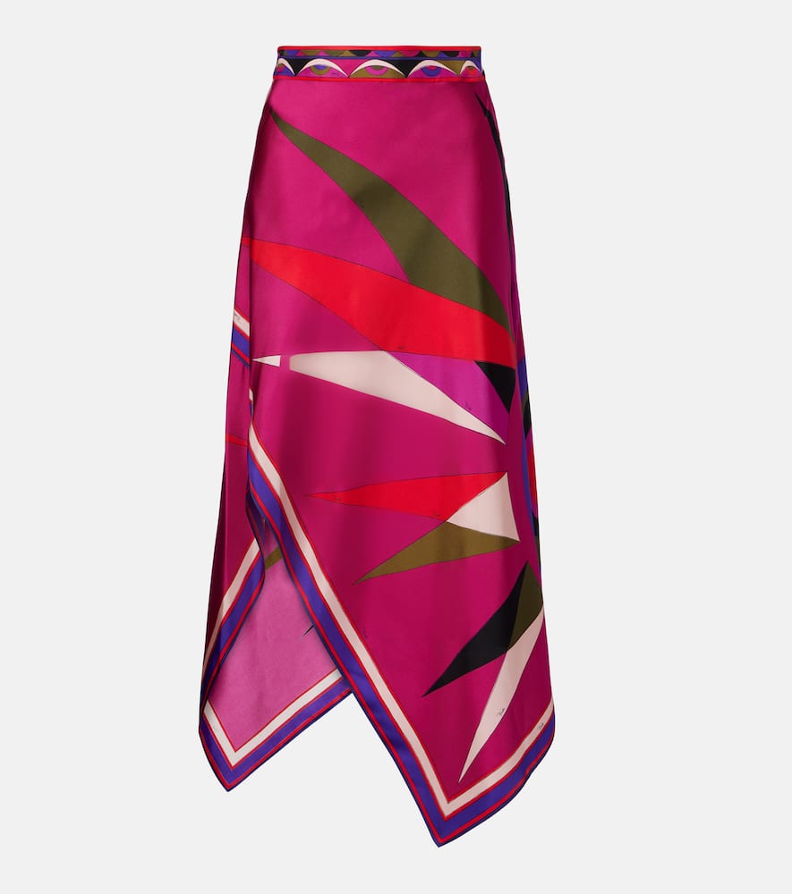 Pucci Hawaii Asymmetric Silk Satin Midi Skirt In Multi