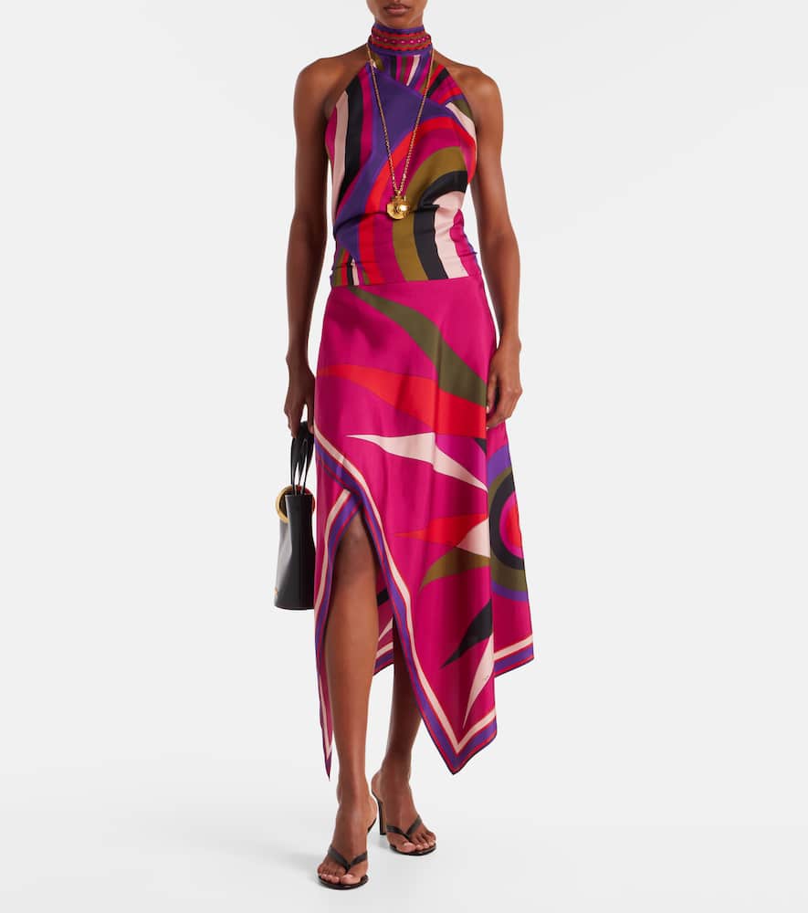 Pucci Hawaii Asymmetric Silk Satin Midi Skirt In Multi