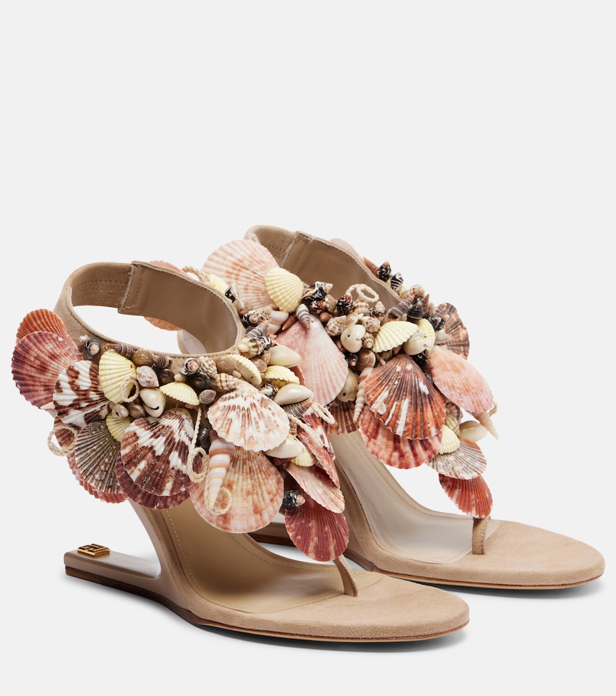 Balmain Embellished suede slingback wedges