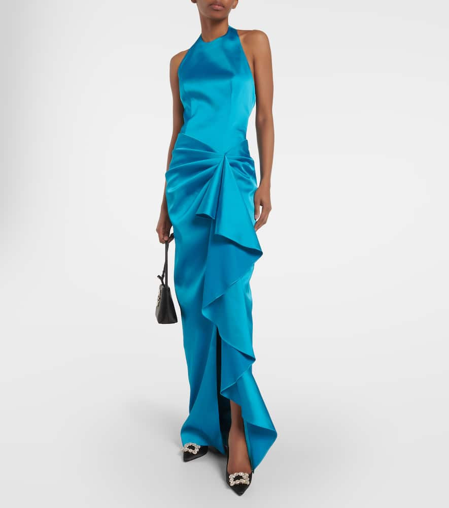 Shop Rasario Halterneck Draped Satin Gown In Turquoise