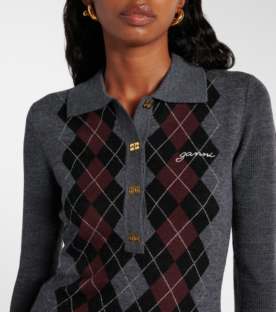 Ganni Grey Sweater With Classic Collar And Check Motif On The Front In Wool Woman In Gray