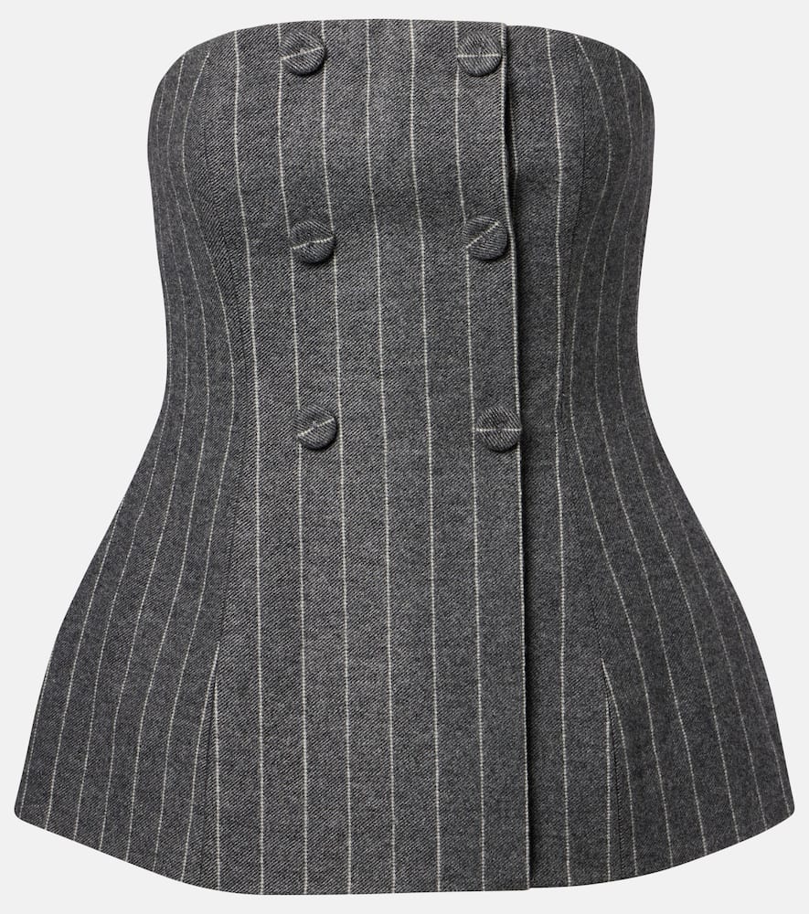Carolina Herrera Strapless Double-breasted Pinstriped Twill Top In Gray