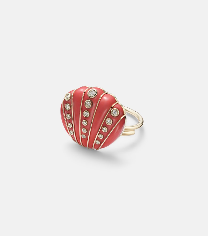 Yvonne Leon Yvonne Léon Coquillage Corail 9kt gold ring with diamonds