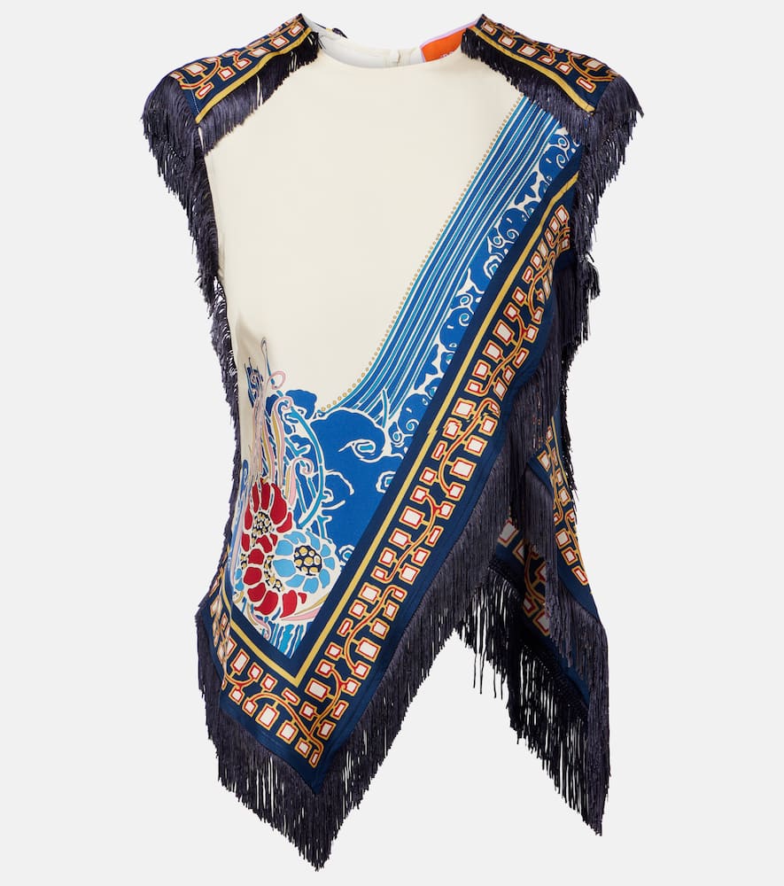La Doublej Fringed Printed Silk Satin Top In Multi