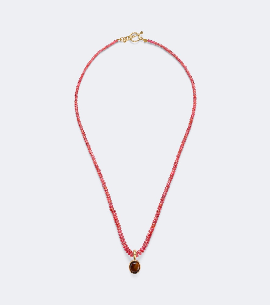 Octavia Elizabeth 18kt Gold Beaded Necklace With Red Spinels And Tiger's Eye Pendant