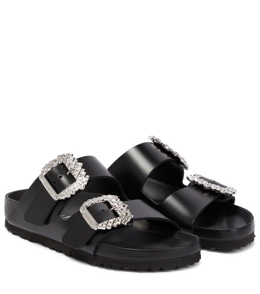 Birkenstock + Manolo Blahnik Arizona Crystal-embellished Leather Sandals In Black | ModeSens