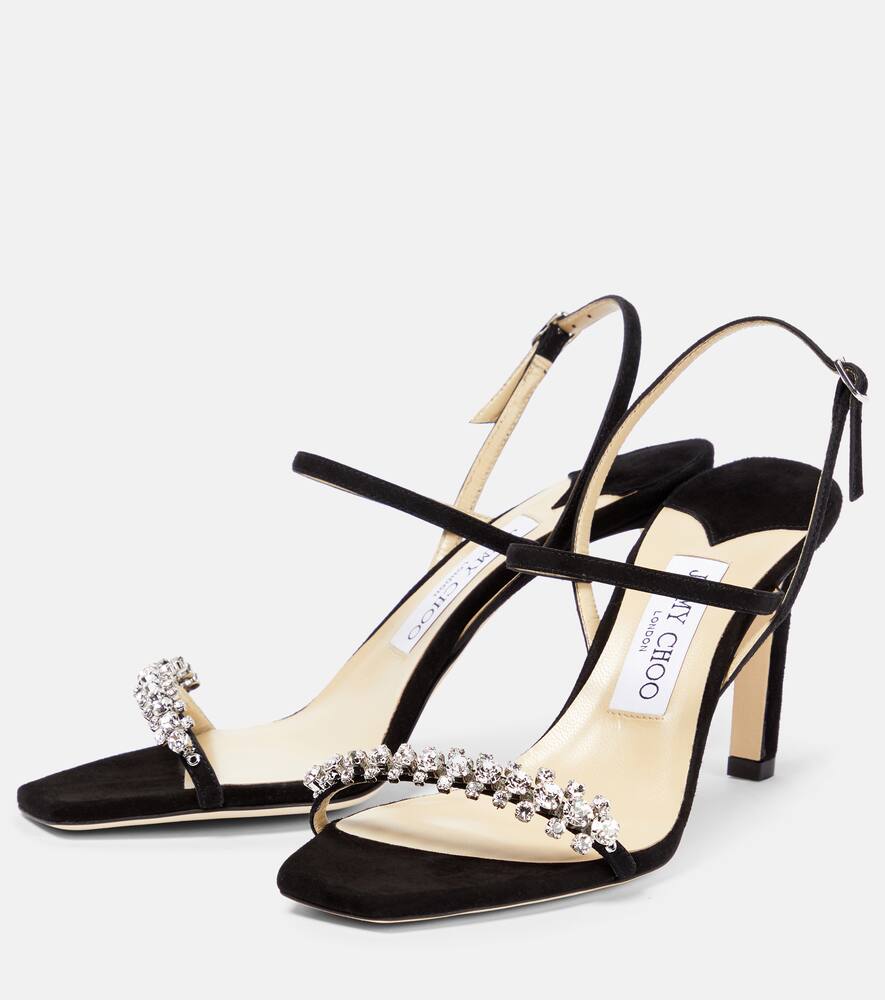 Shop Jimmy Choo Meira 85 Embellished Suede Sandals In Black/crystal