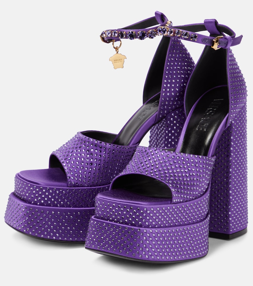 Versace Crystal-studded Platform Sandal In Dark Orchid-vesrace Gold
