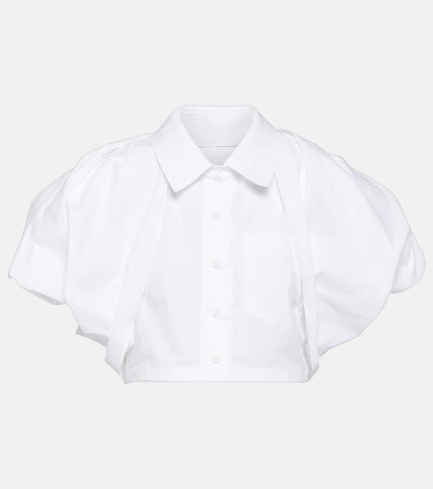 Shop Jacquemus La Chemise Pavane Cropped Cotton-blend Shirt In White