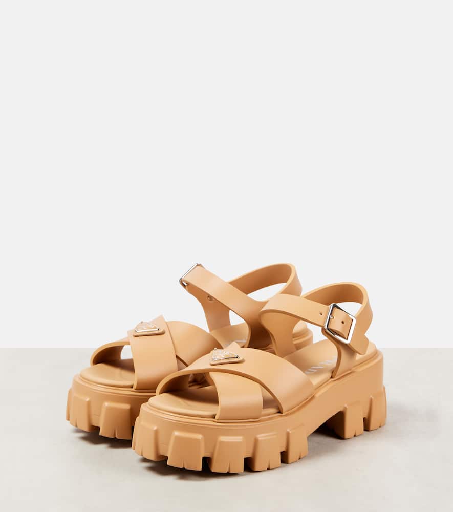 Prada Enamel Triangle-logo Sandals In Beige