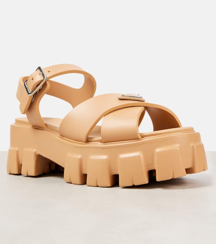 Prada Enamel Triangle-logo Sandals In Beige