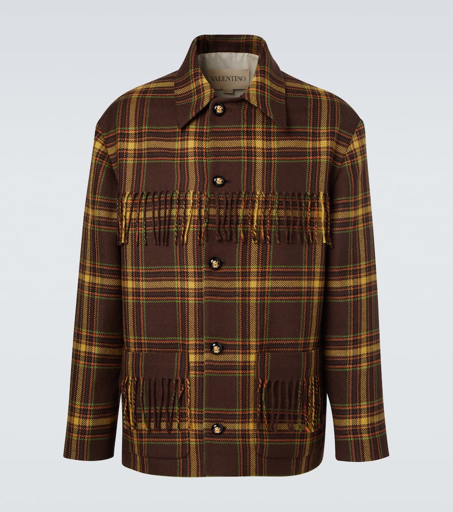 Valentino Checked Fringed Virgin Wool Jacket In Brown