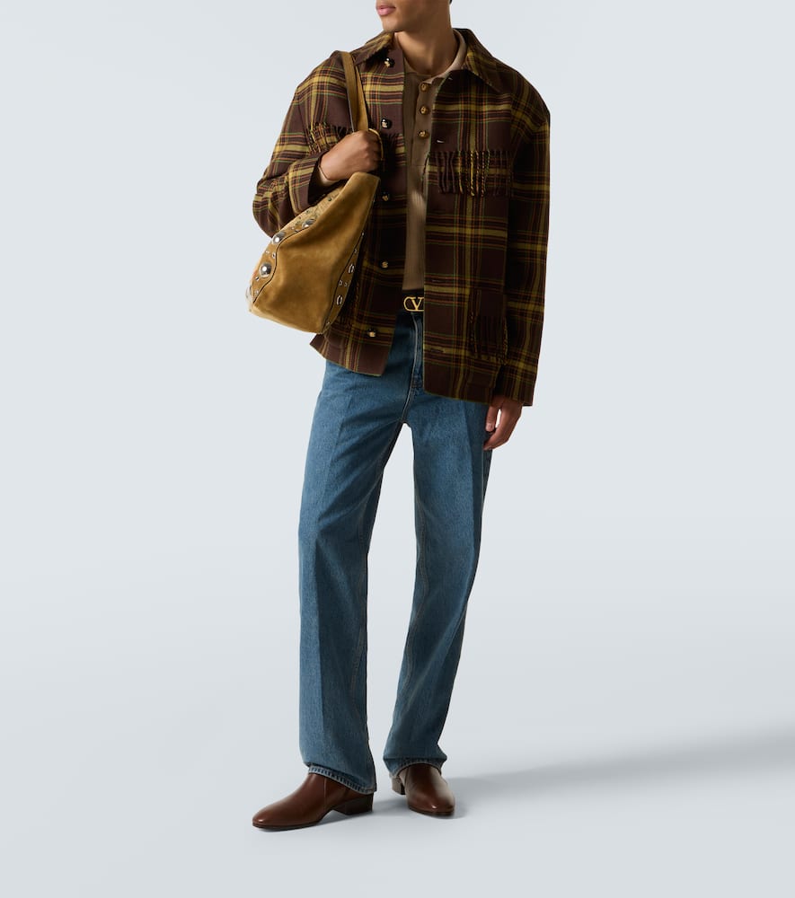 Valentino Checked Fringed Virgin Wool Jacket In Brown