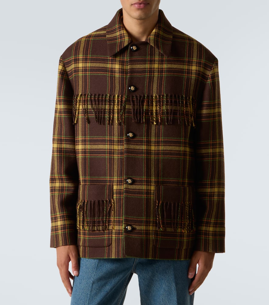 Valentino Checked Fringed Virgin Wool Jacket In Brown