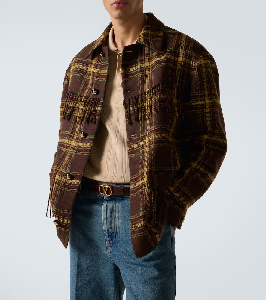 Valentino Checked Fringed Virgin Wool Jacket In Brown