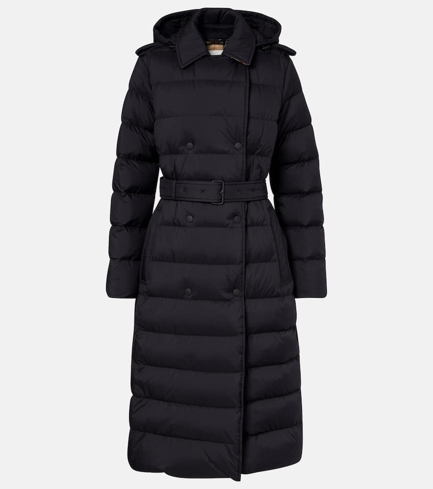 Burberry Long Quilted Down Jacket With Detachable Hood In Blue