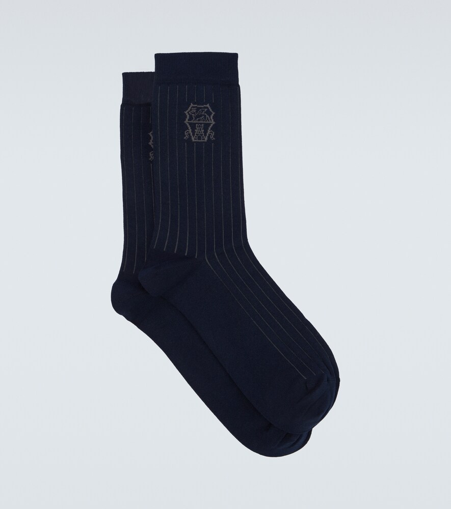Brunello Cucinelli Logo Ribbed-knit Cotton Socks In Blue