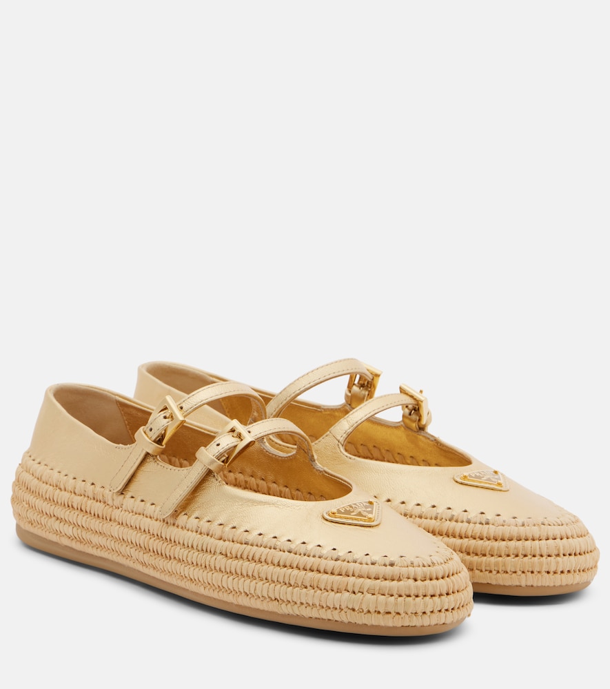 Prada Metallic leather and raffia ballet flats