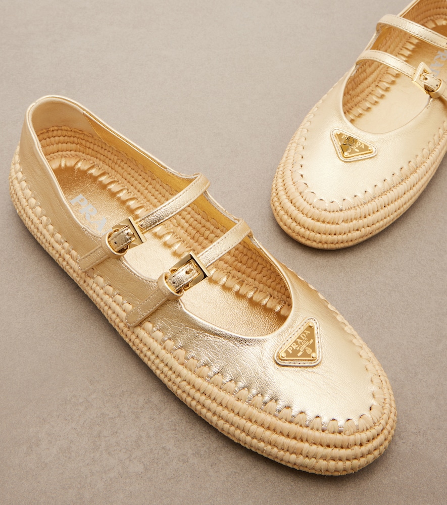  Prada Prada Espadrilles Aus Metallic-leder Und Raffiabast 