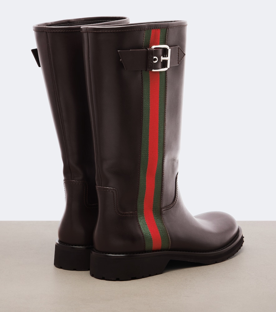 Web Stripe Leather Biker Boots