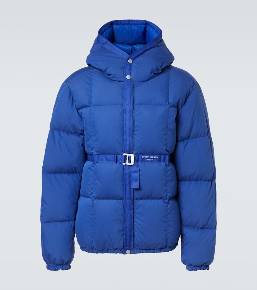 Stone Island Logo Cotton-blend Down Jacket In Blue