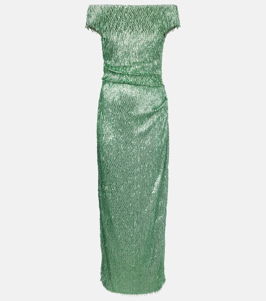 Erdem Beaded Off-shoulder Midi Dress In Green