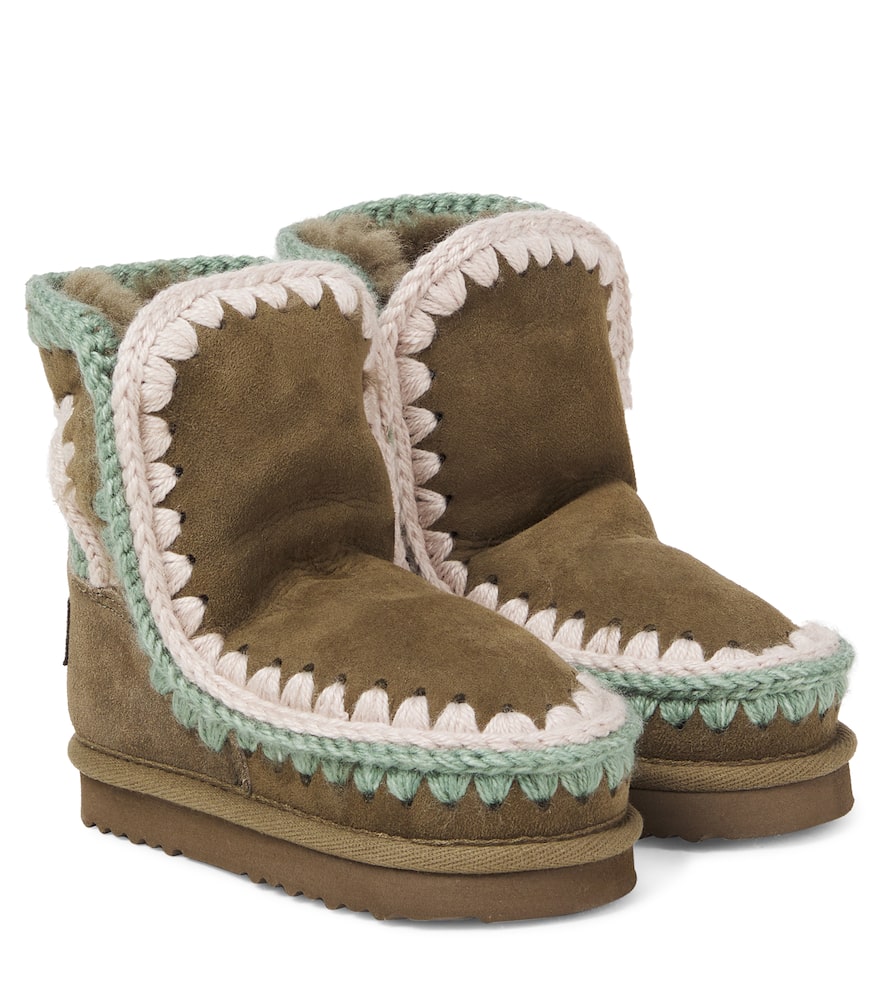 Mou Embroidered Shearling-lined Suede Boots In Brown