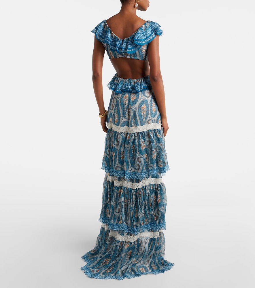 Paisley Lace-Trimmed Ruffled Silk Maxi Dress
