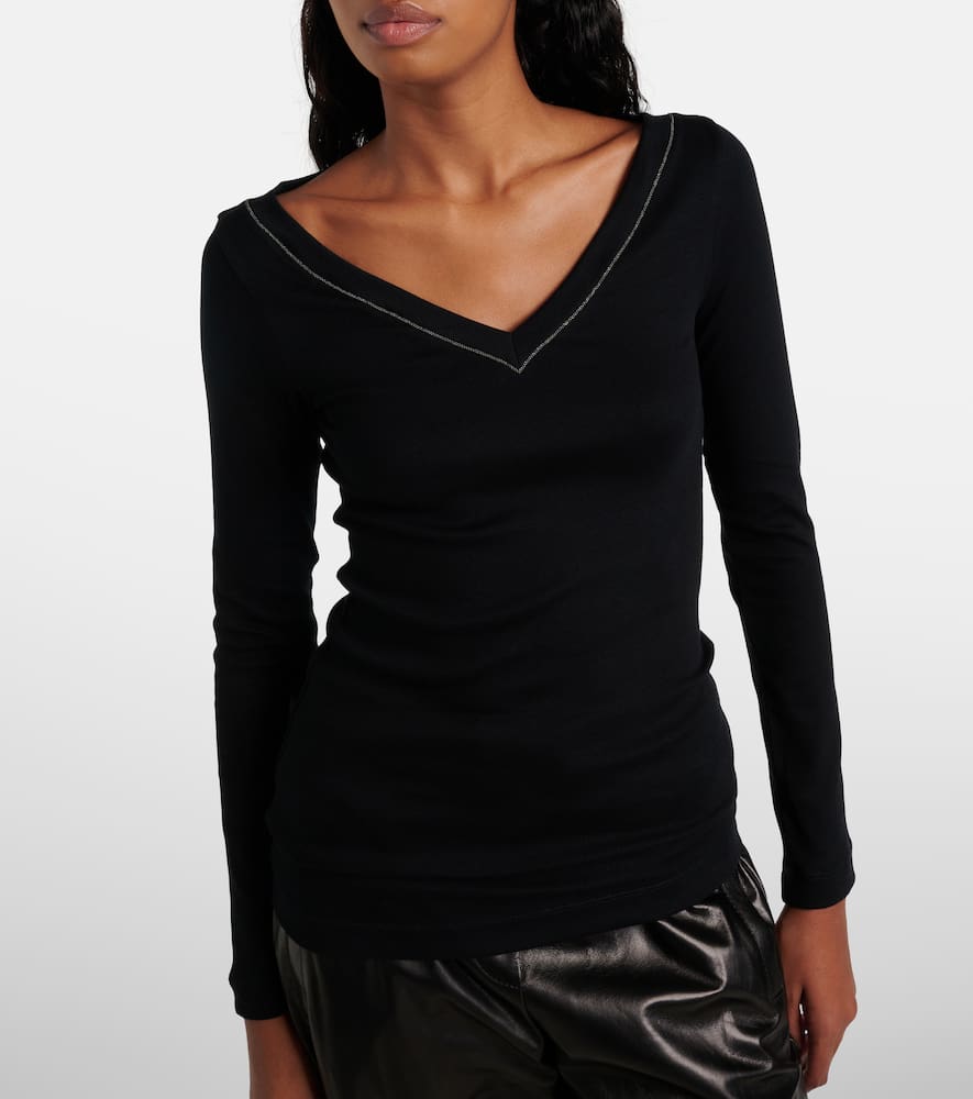 Brunello Cucinelli Black V-neck Pullover With Beads Detailing In Nero