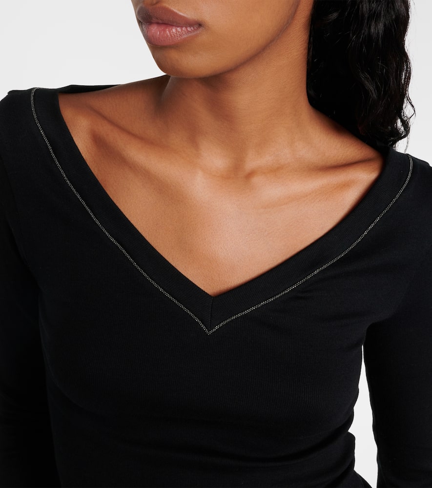 Brunello Cucinelli Black V-neck Pullover With Beads Detailing In Nero