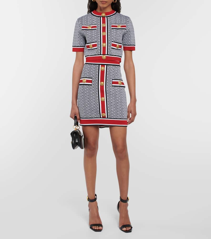 Balmain Multicolor Buttoned Monogram Knit Mini Skirt In Black