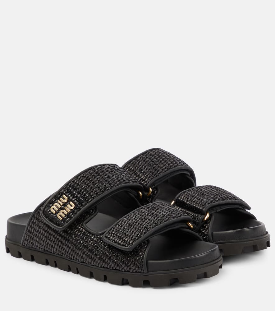 Miu Miu Logo Raffia-effect Sandals In Black | ModeSens