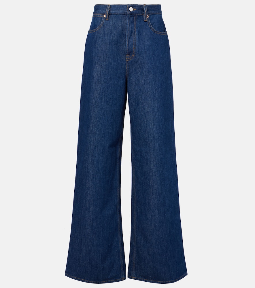 Leather-trimmed wide-leg jeans