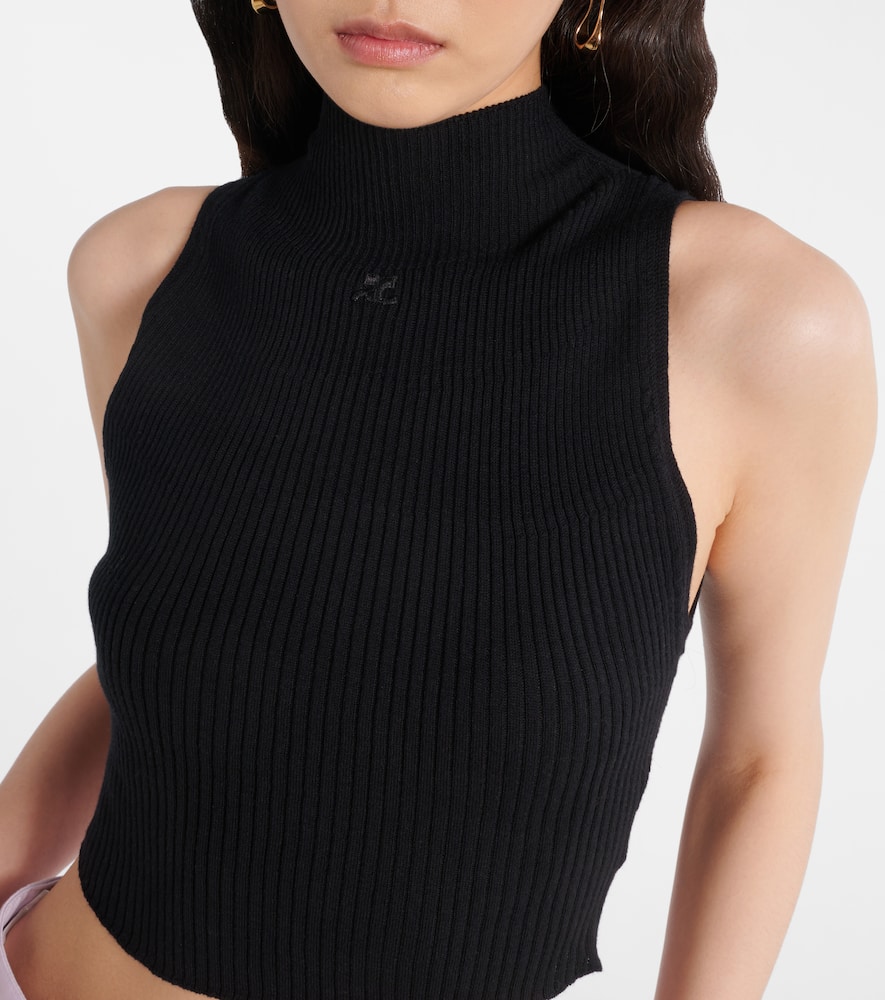 Courrèges Black Mockneck Light Rib Cropped Tank Top In Black
