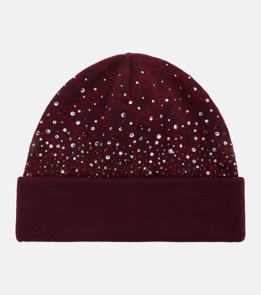Gucci Gg Crystal-embellished Wool Beanie In Burgundy