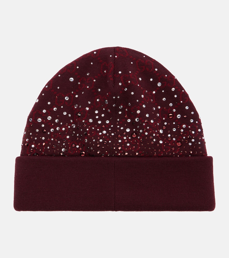 Gucci Gg Crystal-embellished Wool Beanie In Burgundy