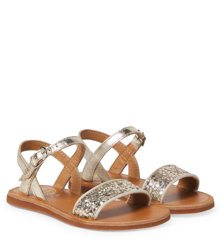 Pom D'api Kids' Plagette Buckle Glitter Leather Sandals In Silver