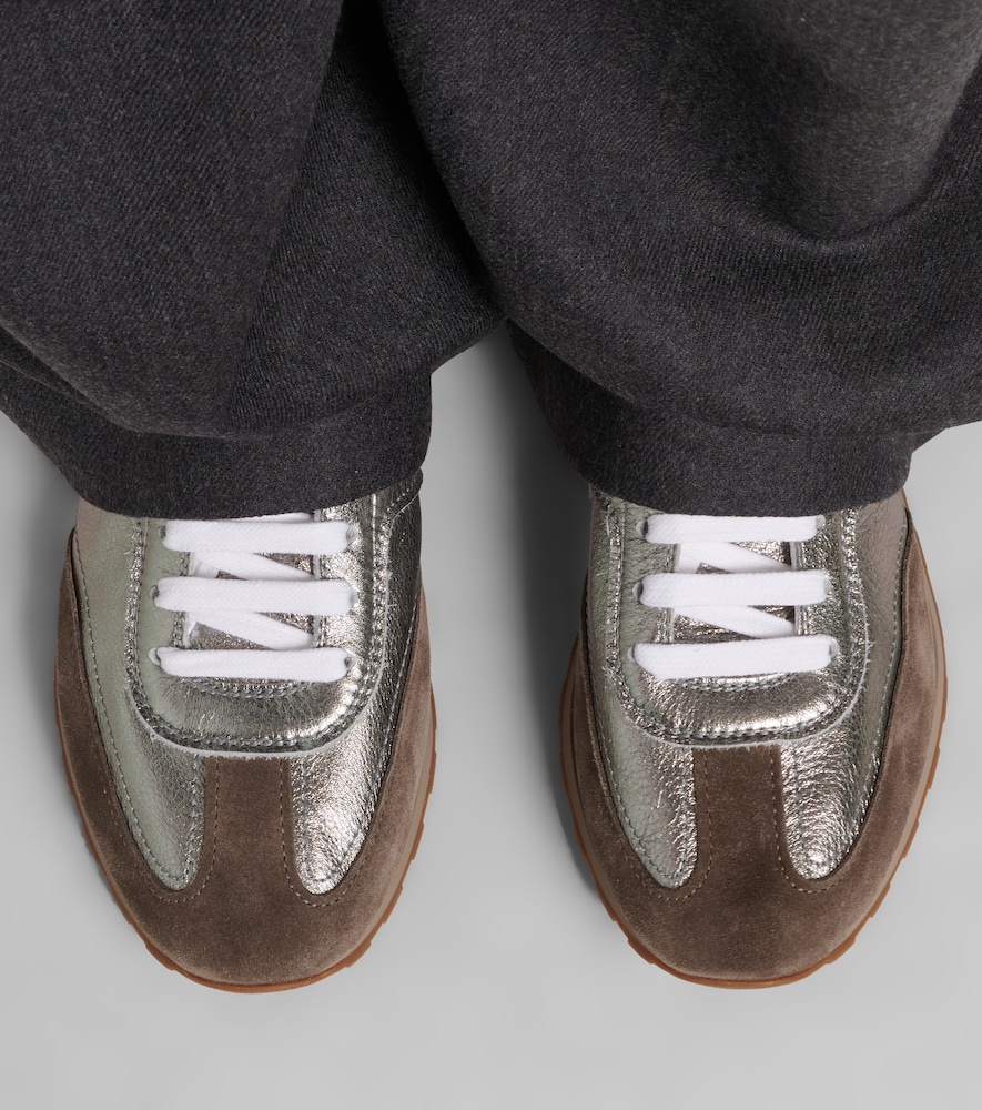 Brunello Cucinelli Monili suede-trimmed metallic leather sneakers