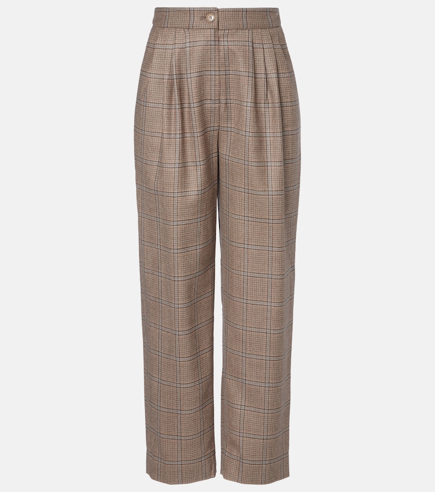 Blazé Milano Glassy Checked Virgin Wool Straight Pants In Brown