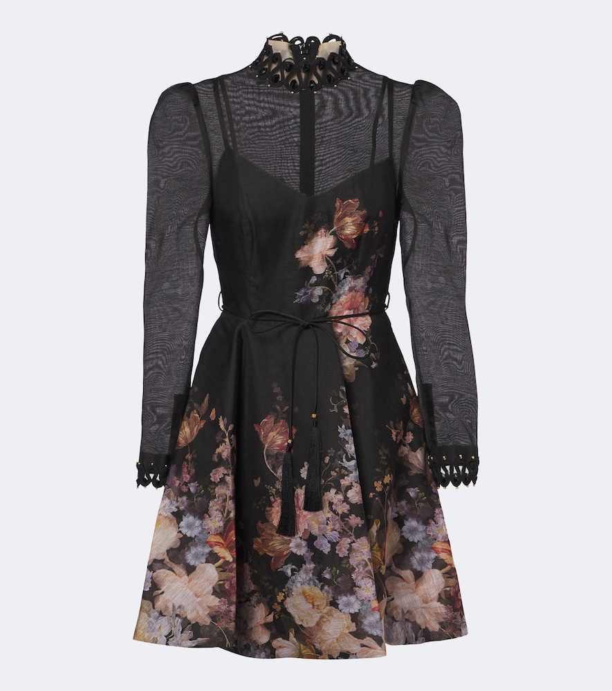Zimmermann Valiant Floral Linen And Silk Minidress In Black