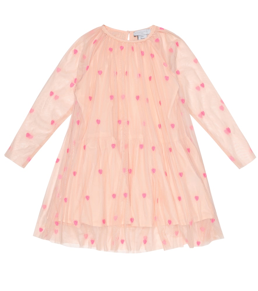 Click to view more detailed imagery on our partner's website Stella Mccartney Kids' Girl's Embroidered Hearts Long-sleeve Tulle Dress In Pink