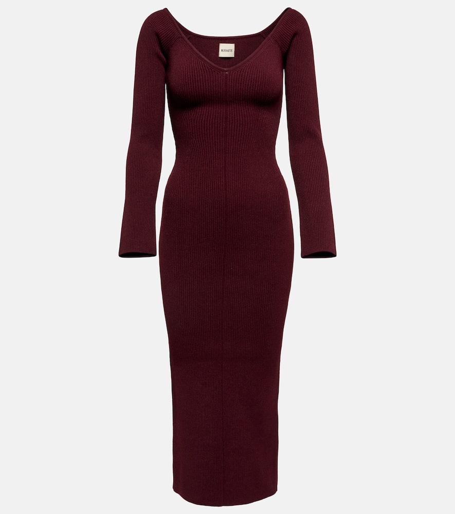 Khaite Pia Ribbed Off The Shoulder Long Sleeve Sweater Dress In Merlot