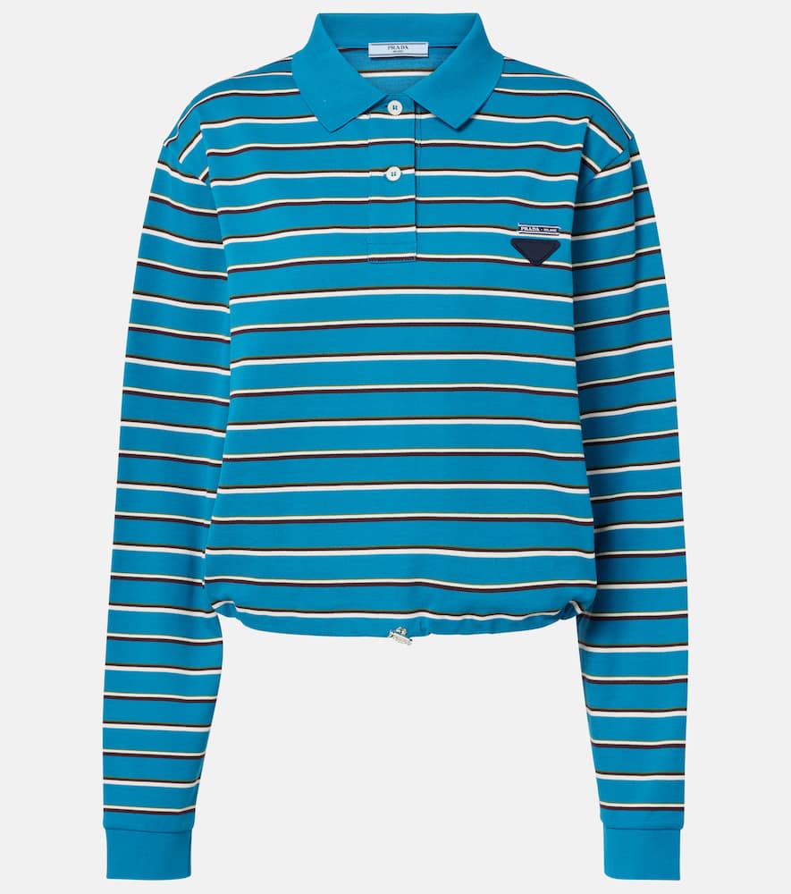 Prada Logo Striped Cotton Polo Top In Blue