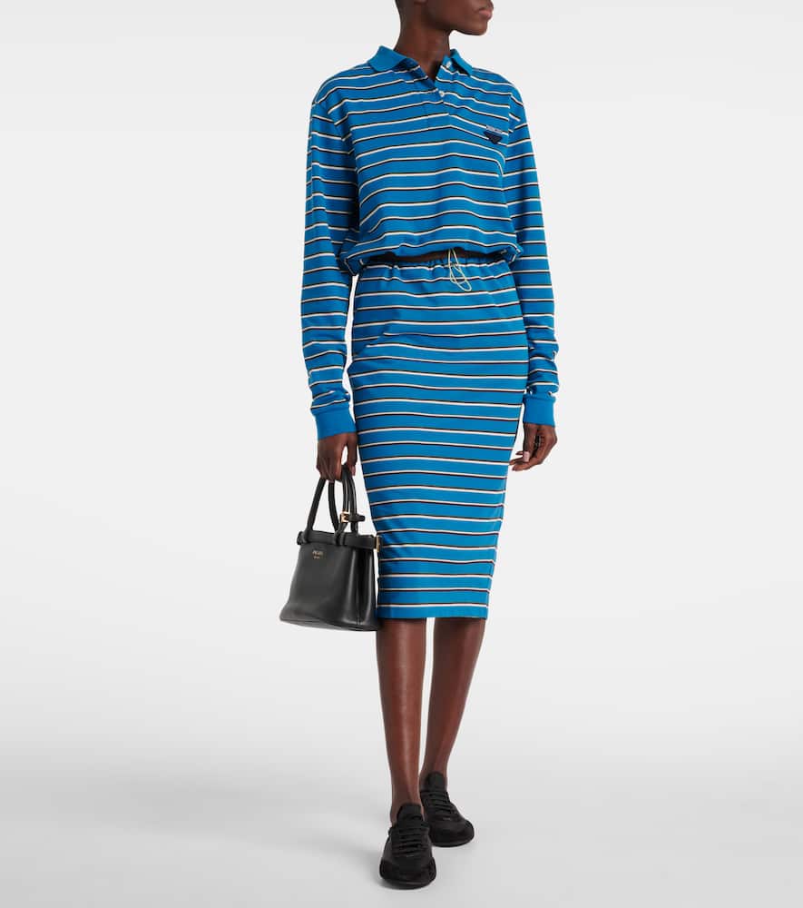 Prada Logo Striped Cotton Polo Top In Blue