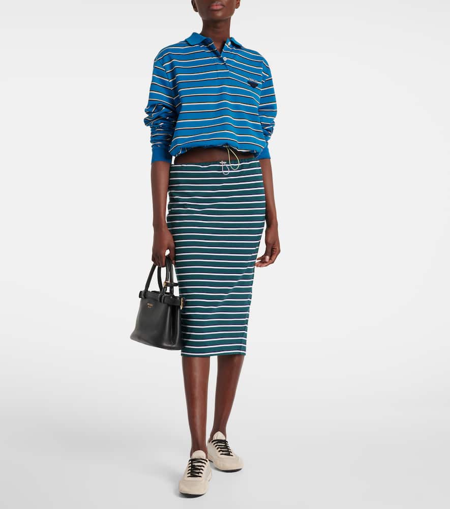 Prada Logo Striped Cotton Polo Top In Blue