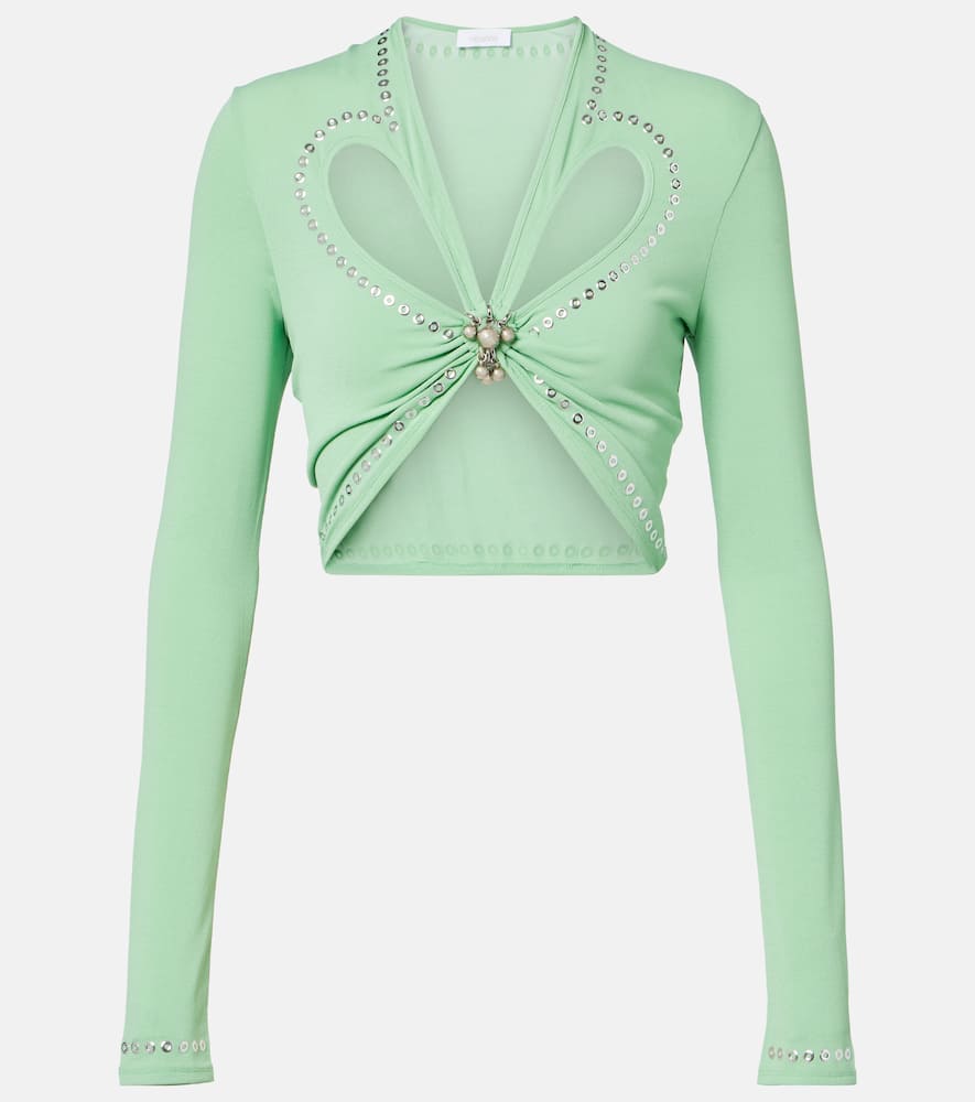 Rabanne Cropped Embellished Gathered Jersey Top In Green