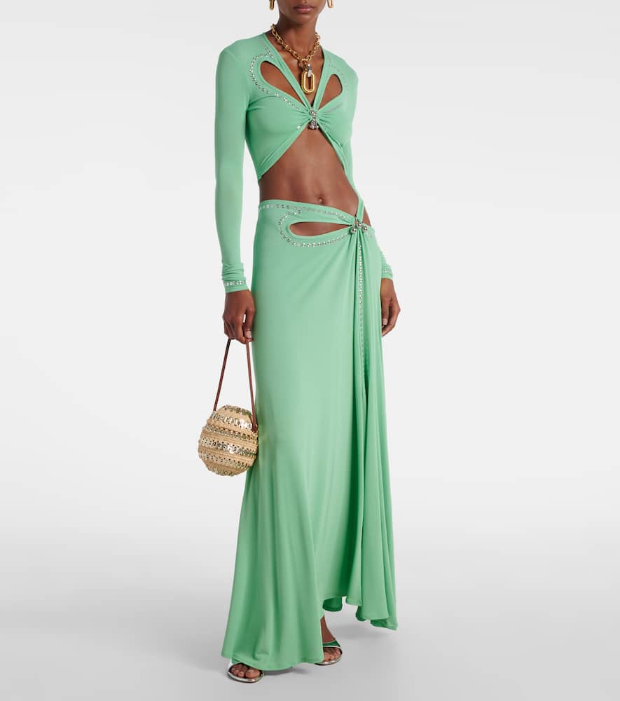 Rabanne Cropped Embellished Gathered Jersey Top In Green