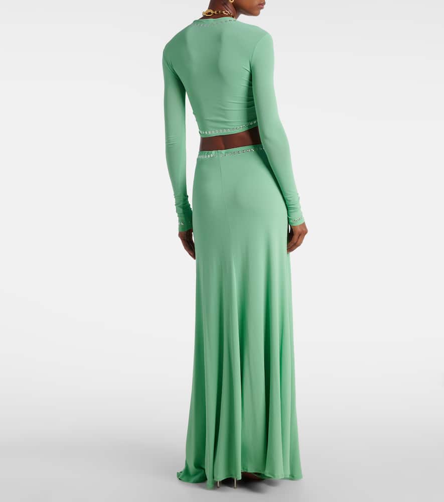 Rabanne Cropped Embellished Gathered Jersey Top In Green